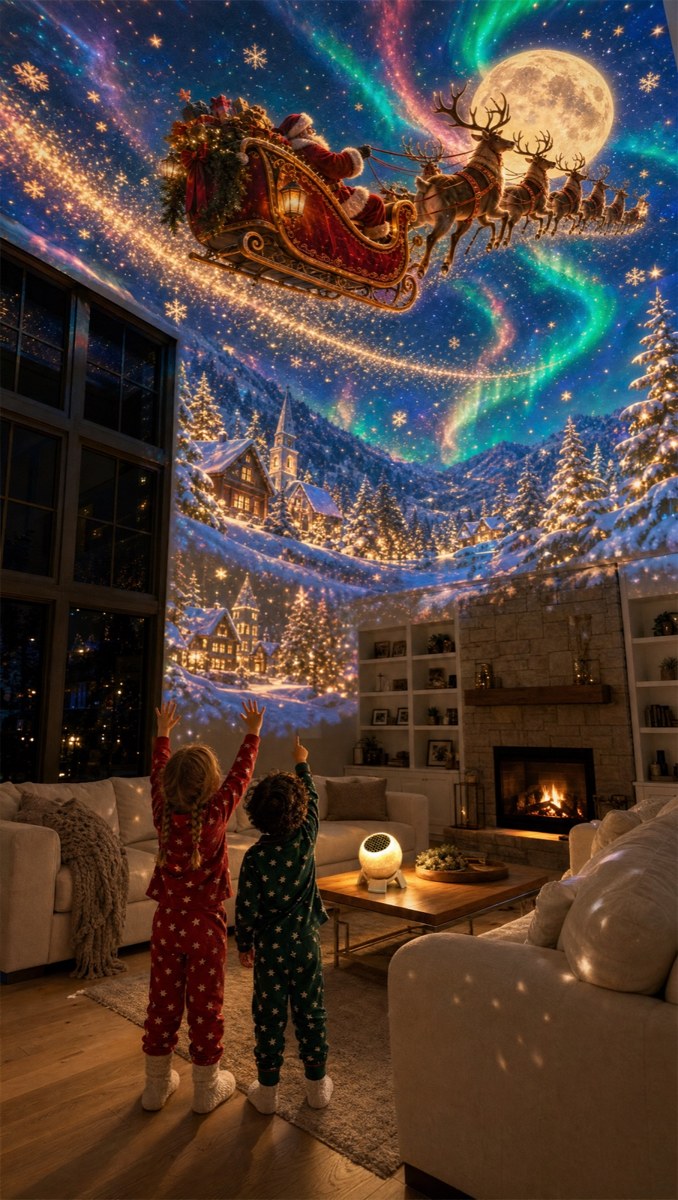 Santa's sleigh across a living room ceiling